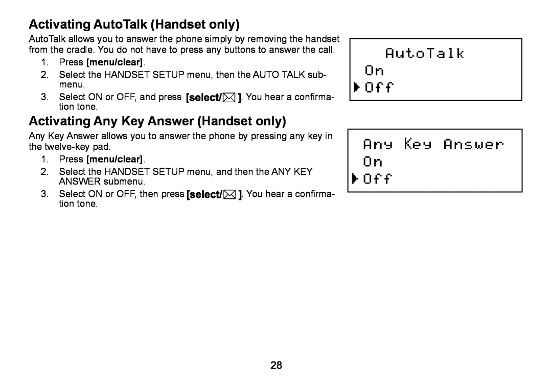 Uniden DCT736 manual Activating AutoTalk Handset only, Activating Any Key Answer Handset only 
