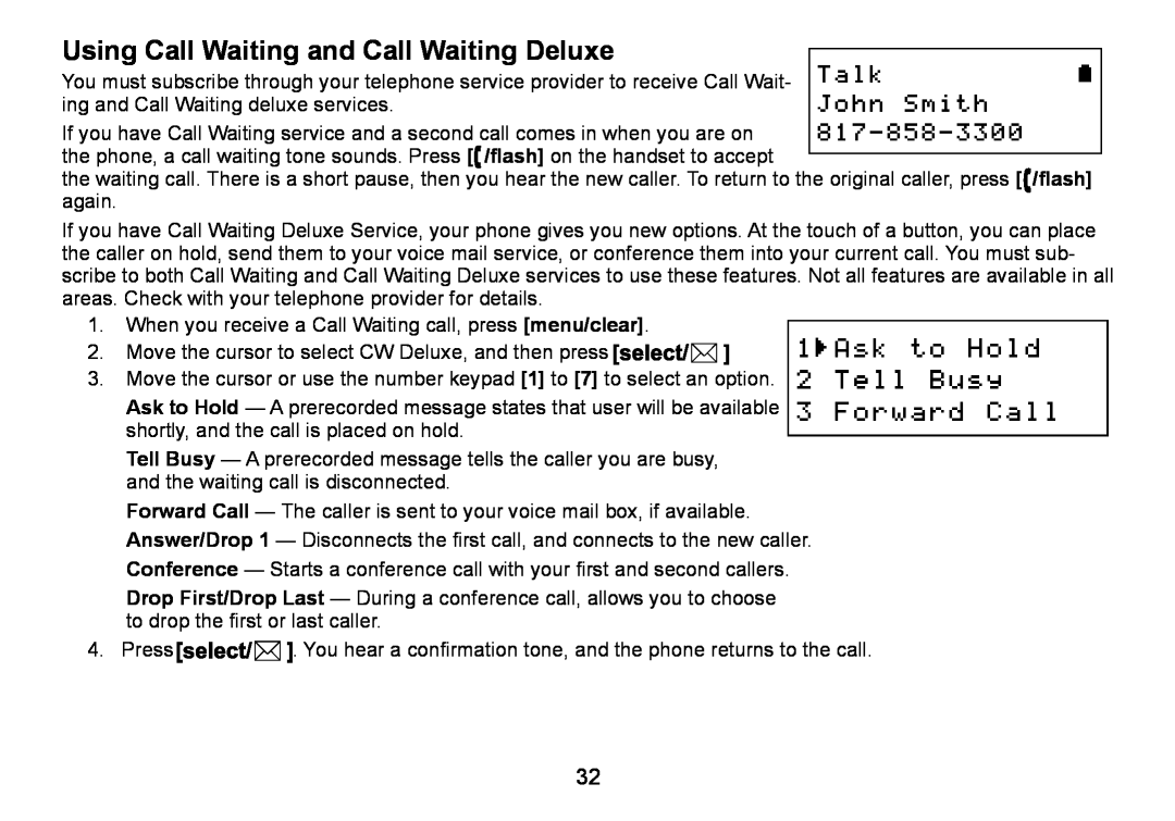 Uniden DCT736 manual Using Call Waiting and Call Waiting Deluxe 