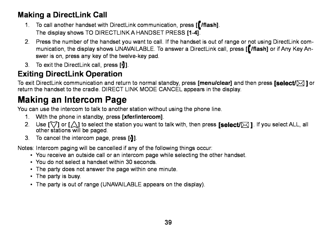 Uniden DCT736 manual Making an Intercom Page, Making a DirectLink Call, Exiting DirectLink Operation 