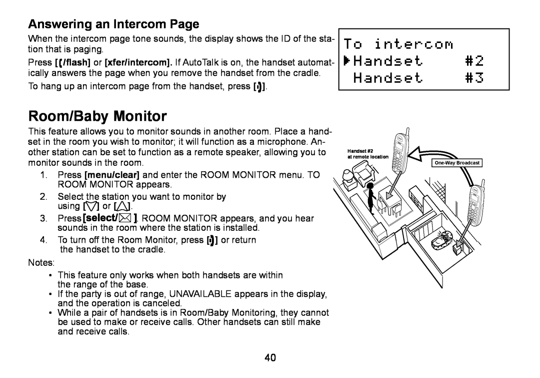 Uniden DCT736 manual Room/Baby Monitor, Answering an Intercom Page 