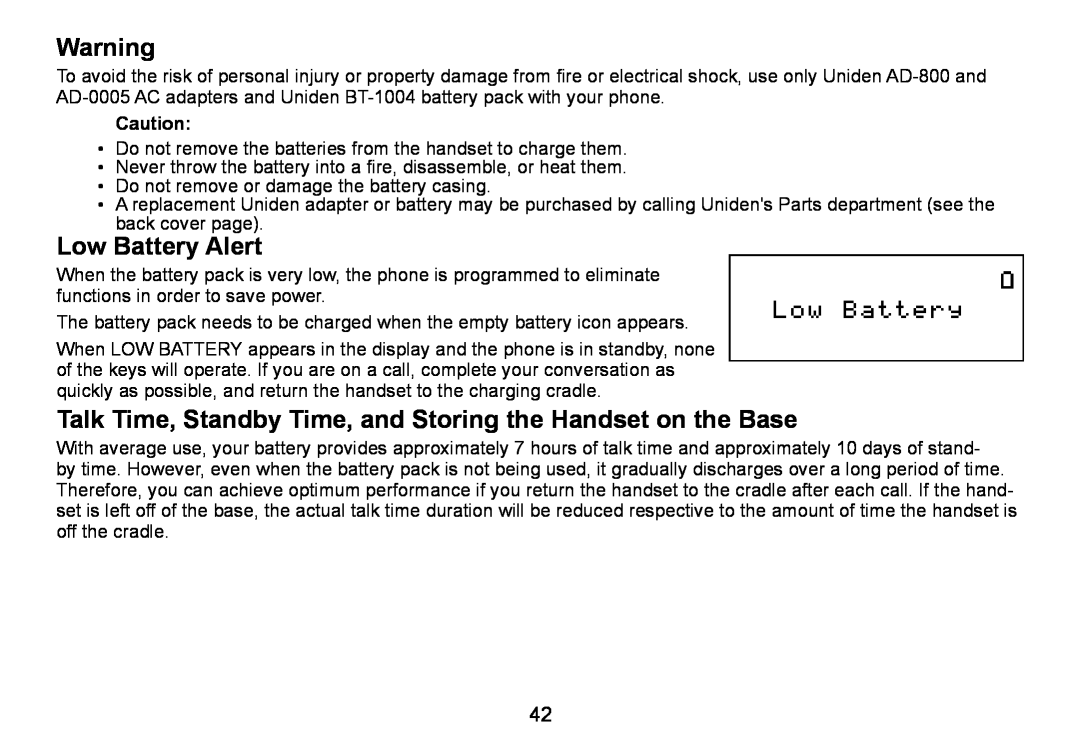 Uniden DCT736 manual Low Battery Alert, Talk Time, Standby Time, and Storing the Handset on the Base 