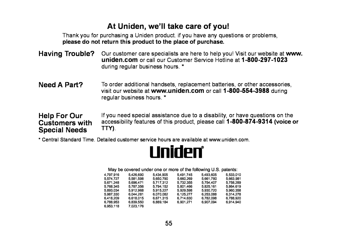Uniden DCT736 manual At Uniden, we’ll take care of you, Need A Part?, Help For Our. Customers with. Special Needs 