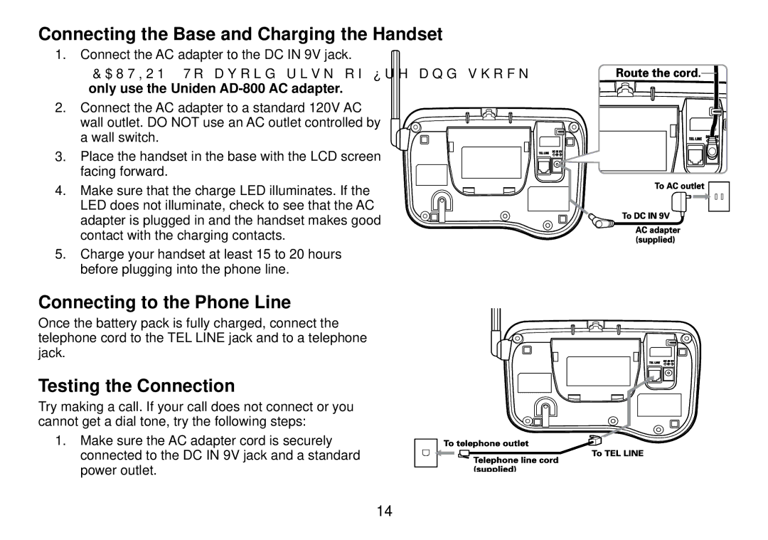 Uniden DCT738 manual Connecting the Base and Charging the Handset, Connecting to the Phone Line, Testing the Connection 