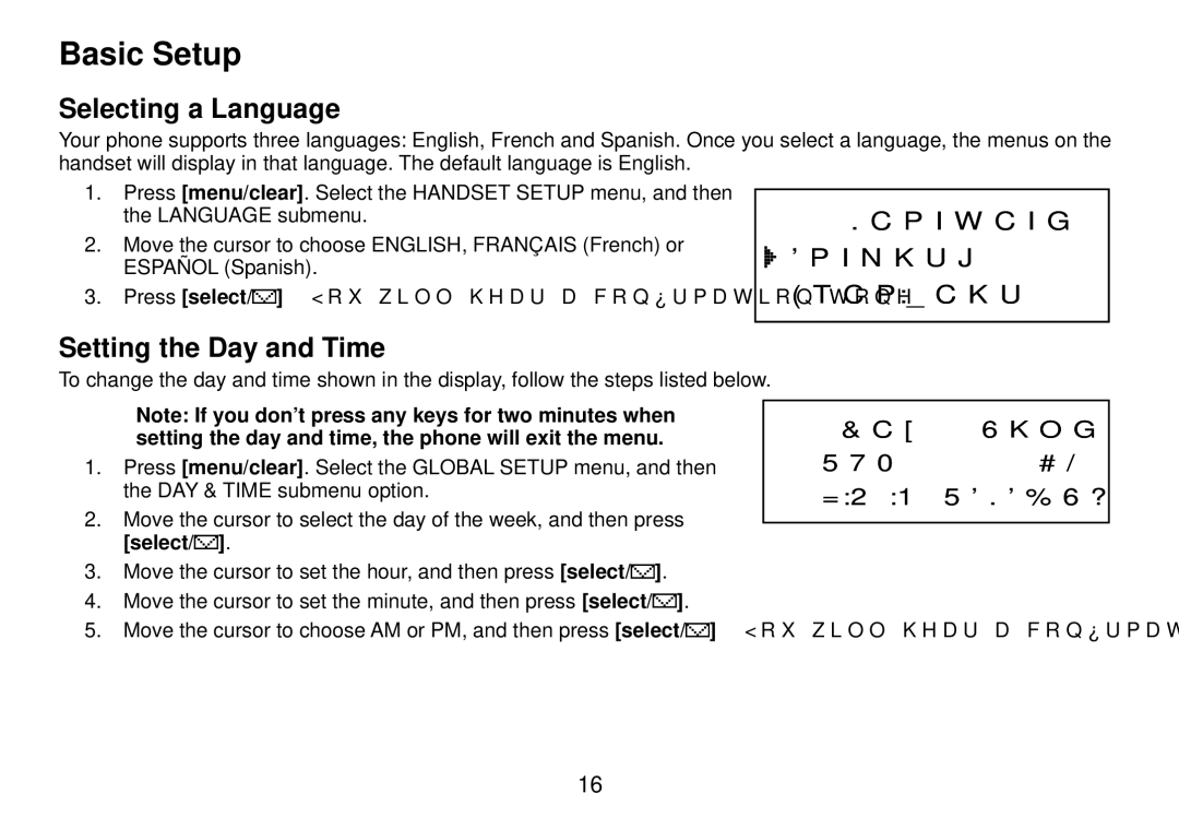 Uniden DCT738 manual Basic Setup, Selecting a Language, Setting the Day and Time 