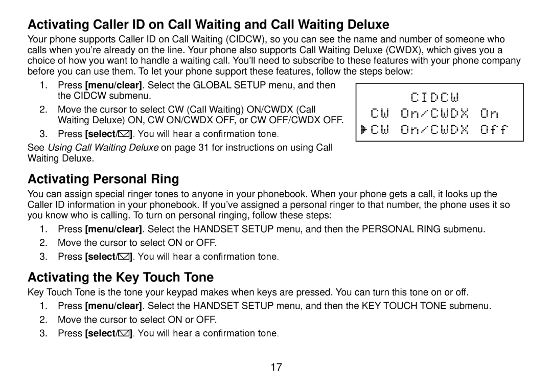 Uniden DCT738 manual Activating Personal Ring, Activating the Key Touch Tone 