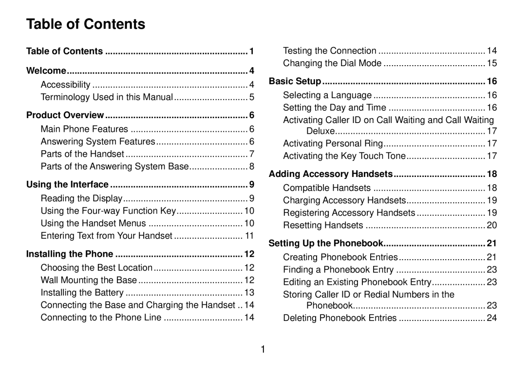 Uniden DCT738 manual Table of Contents 