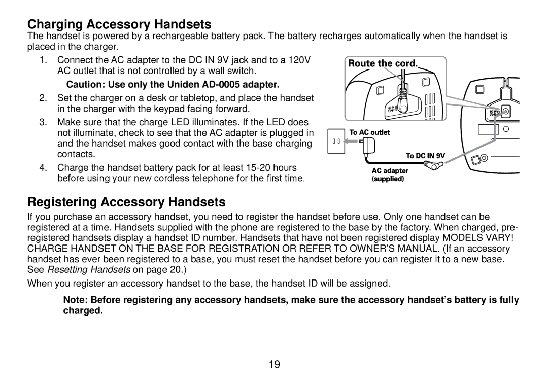 Uniden DCT738 manual Charging Accessory Handsets, Registering Accessory Handsets 