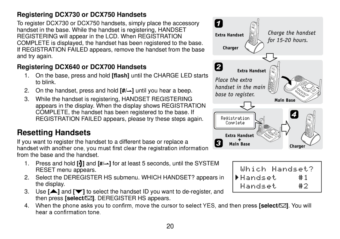 Uniden DCT738 manual Resetting Handsets, Registering DCX730 or DCX750 Handsets, Registering DCX640 or DCX700 Handsets 