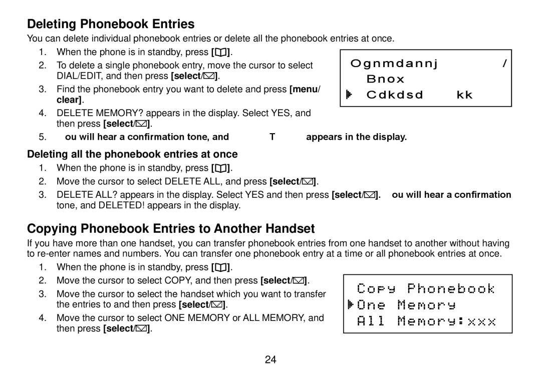 Uniden DCT738 manual Deleting Phonebook Entries, Copying Phonebook Entries to Another Handset 