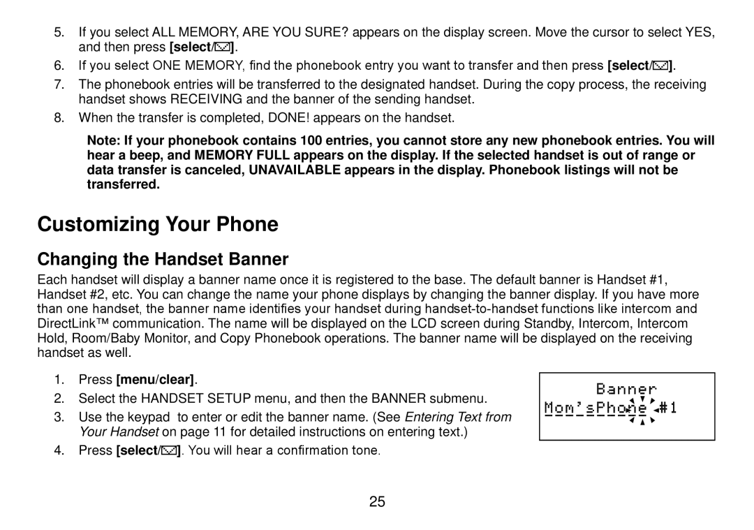 Uniden DCT738 manual Customizing Your Phone, Changing the Handset Banner, . Press menu/clear 