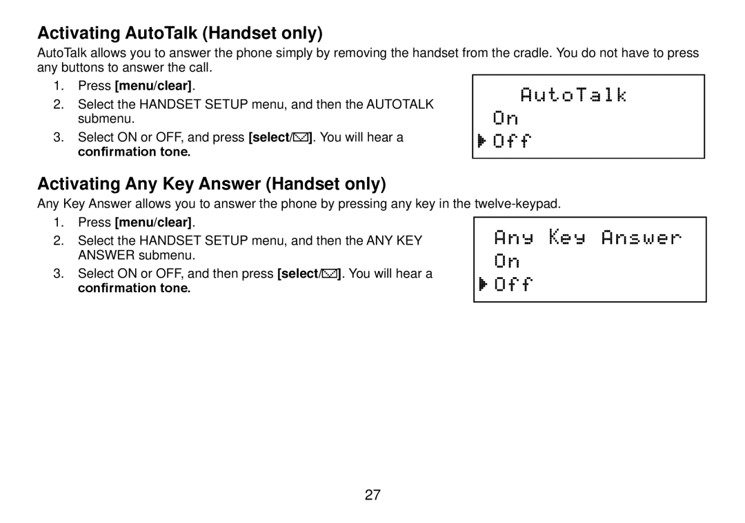 Uniden DCT738 manual Activating AutoTalk Handset only, Activating Any Key Answer Handset only 