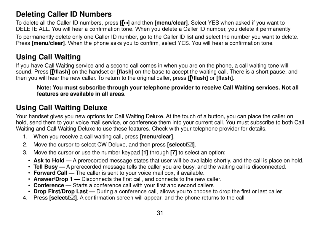 Uniden DCT738 manual Deleting Caller ID Numbers, Using Call Waiting Deluxe 