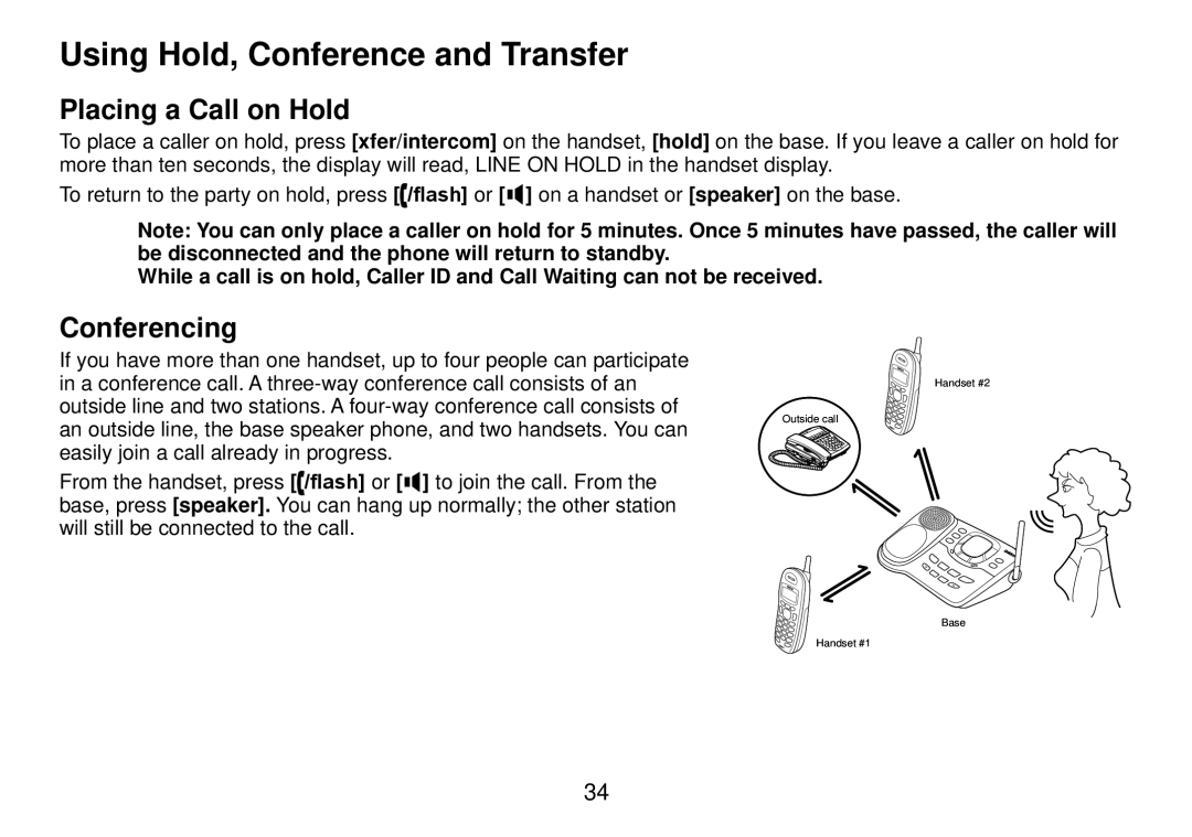 Uniden DCT738 manual Using Hold, Conference and Transfer, Placing a Call on Hold, Conferencing 