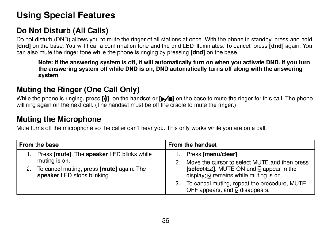 Uniden DCT738 Using Special Features, Do Not Disturb All Calls, Muting the Ringer One Call Only, Muting the Microphone 