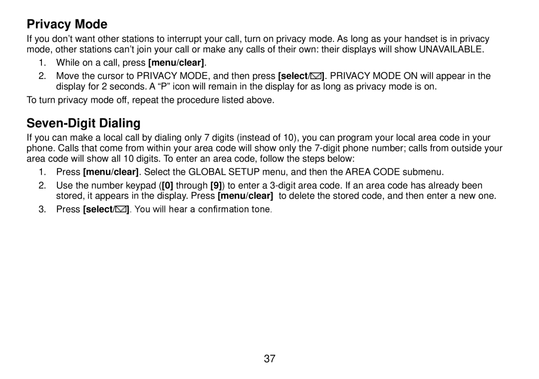 Uniden DCT738 manual Privacy Mode, Seven-Digit Dialing 