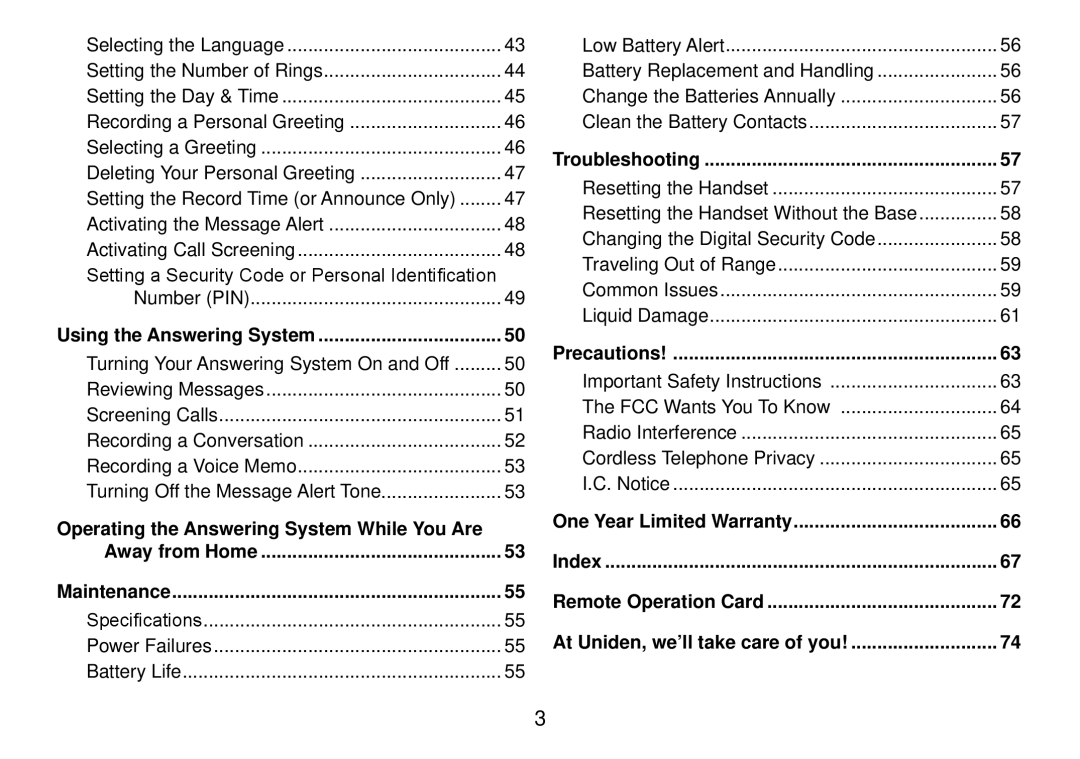 Uniden DCT738 manual Using the Answering System, Troubleshooting, Precautions 