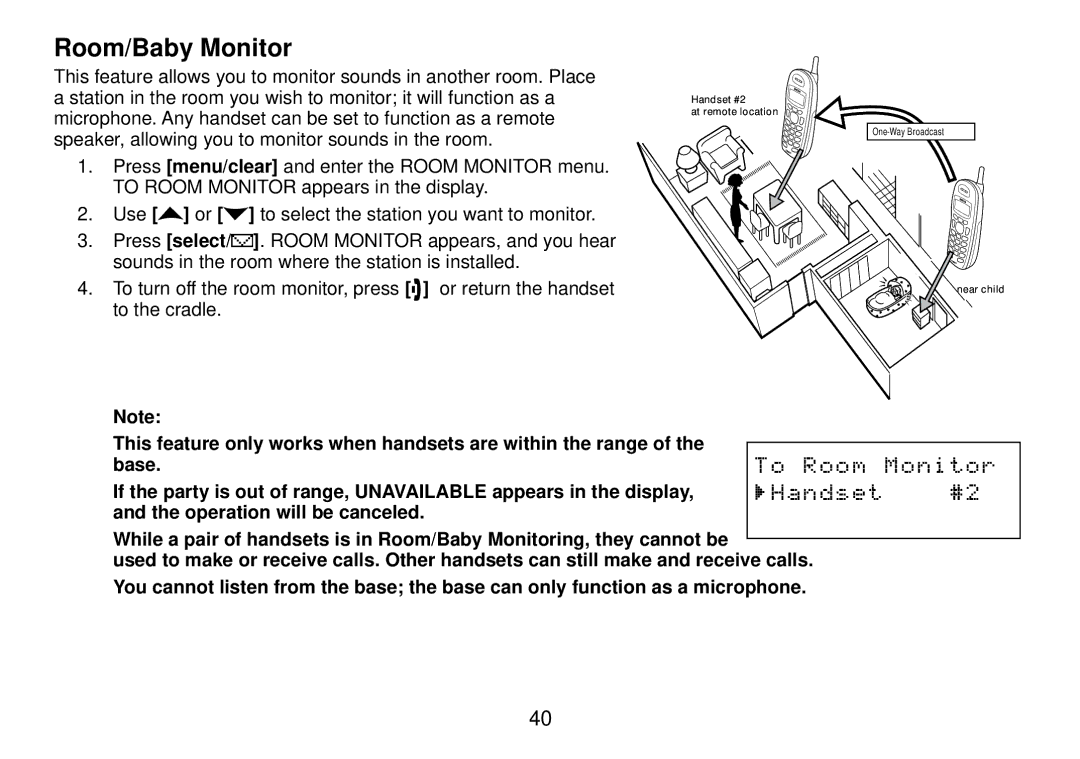 Uniden DCT738 manual Room/Baby Monitor, Press select 