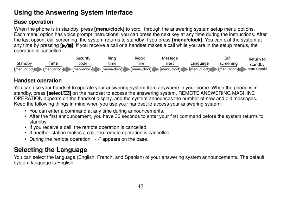 Uniden DCT738 manual Using the Answering System Interface, Selecting the Language, Base operation, Handset operation 