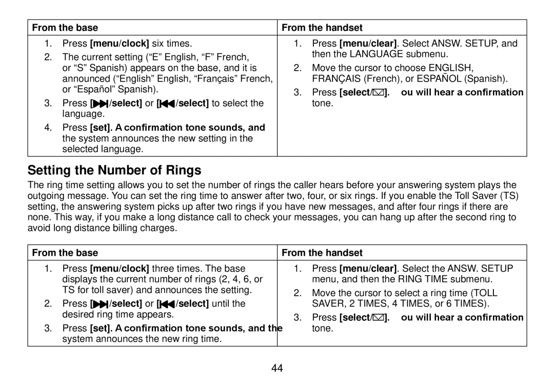 Uniden DCT738 manual Setting the Number of Rings, Press /select or /select until 