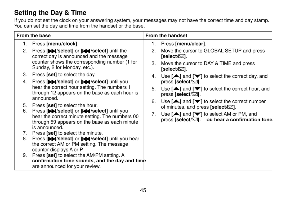 Uniden DCT738 manual Setting the Day & Time, Select or Select until you Press select 