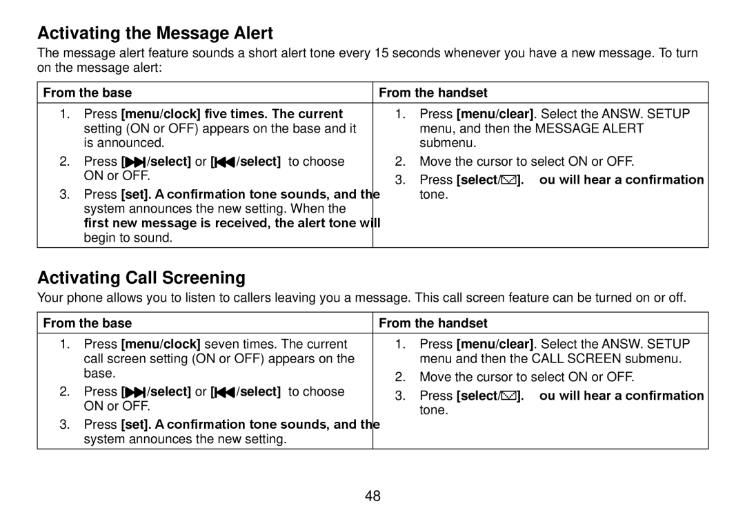 Uniden DCT738 manual Activating the Message Alert, Activating Call Screening, Press /select or /select to choose 