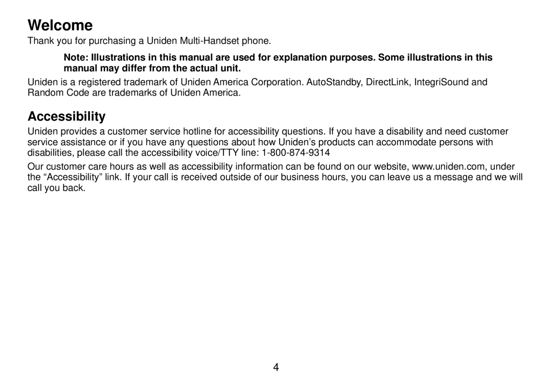 Uniden DCT738 manual Welcome, Accessibility 