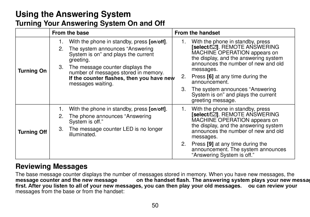 Uniden DCT738 manual Using the Answering System, Turning Your Answering System On and Off, Reviewing Messages, Turning On 