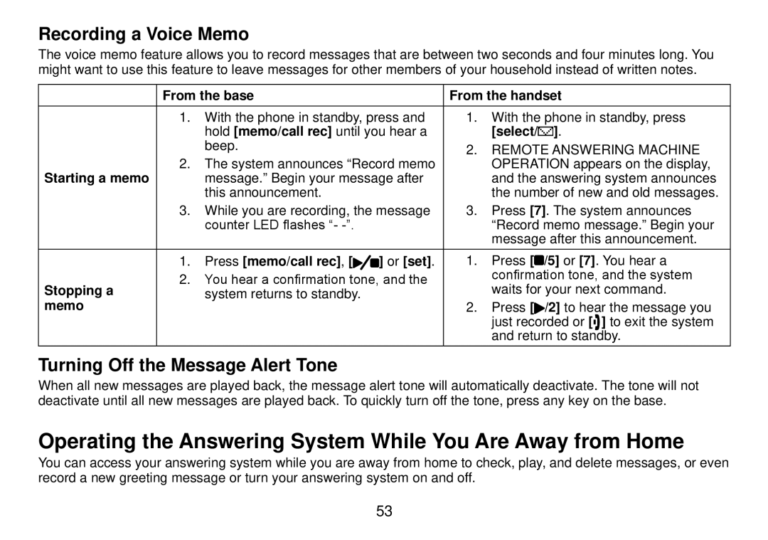 Uniden DCT738 manual Operating the Answering System While You Are Away from Home, Recording a Voice Memo 