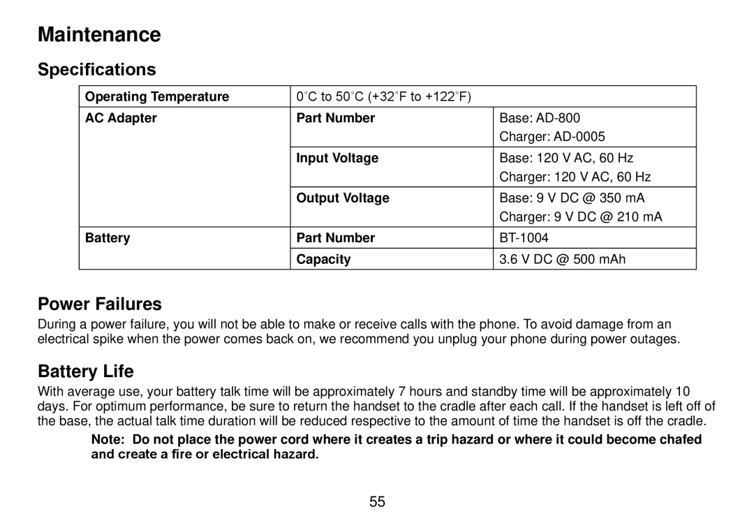 Uniden DCT738 manual Maintenance, Specifications, Power Failures, Battery Life 