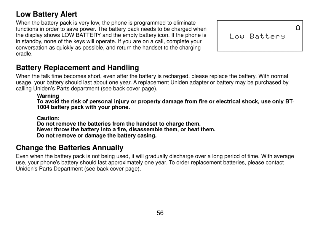 Uniden DCT738 manual Low Battery Alert, Battery Replacement and Handling, Change the Batteries Annually 