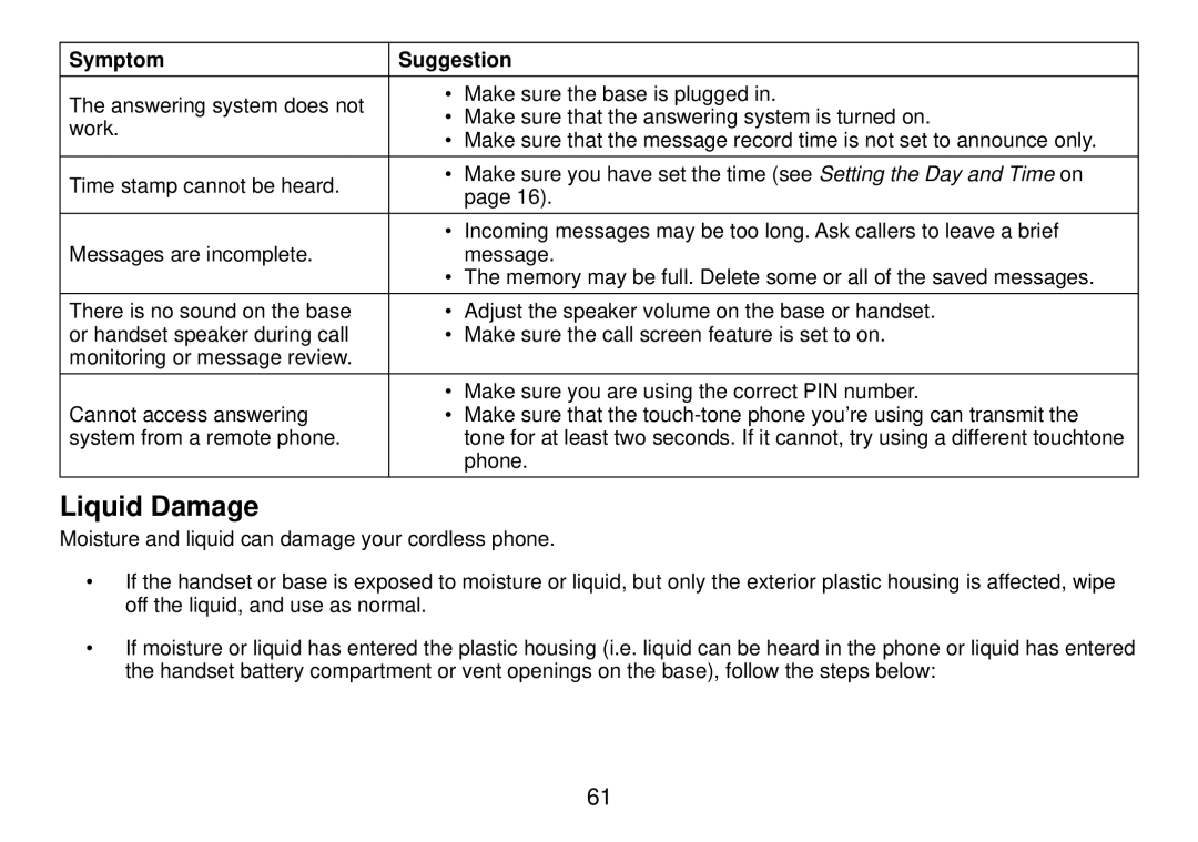 Uniden DCT738 manual Liquid Damage 