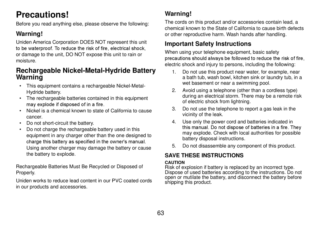 Uniden DCT738 manual Precautions, Important Safety Instructions 