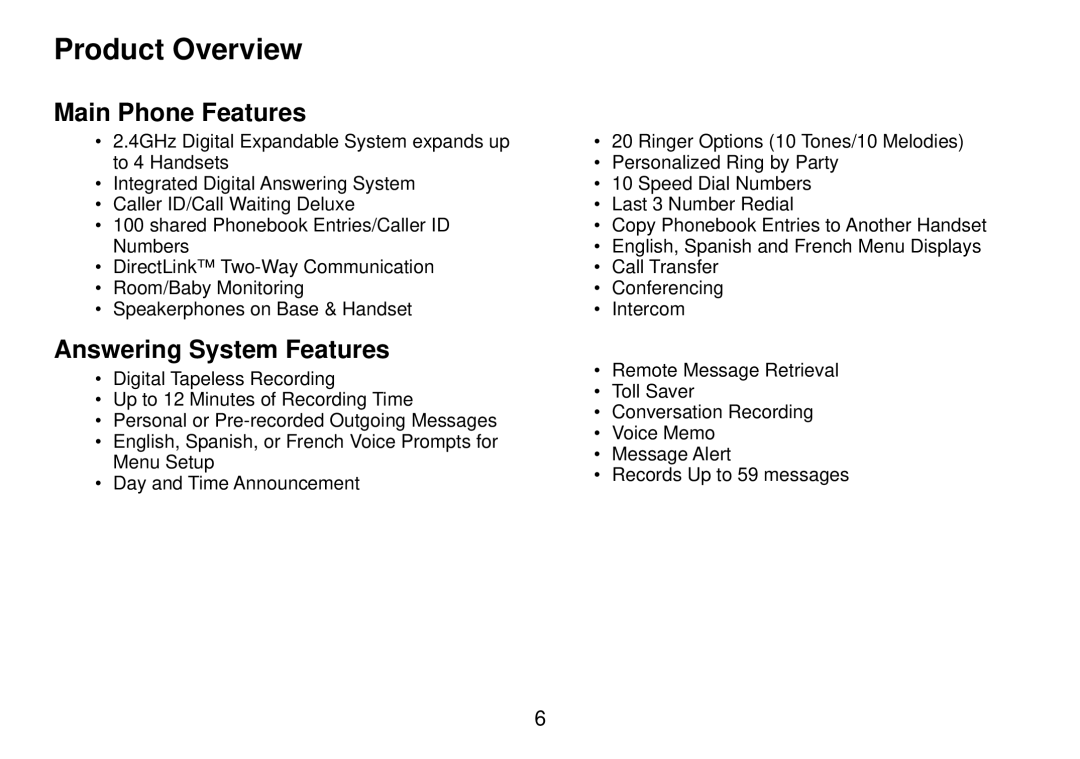 Uniden DCT738 manual Product Overview, Main Phone Features, Answering System Features 