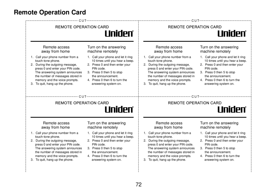 Uniden DCT738 manual Remote Operation Card, Remote access Away from home 