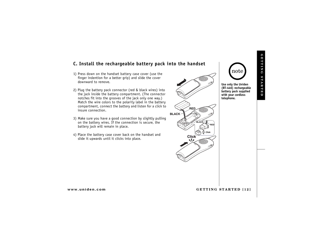 Uniden DCT7488 owner manual Install the rechargeable battery pack into the handset 