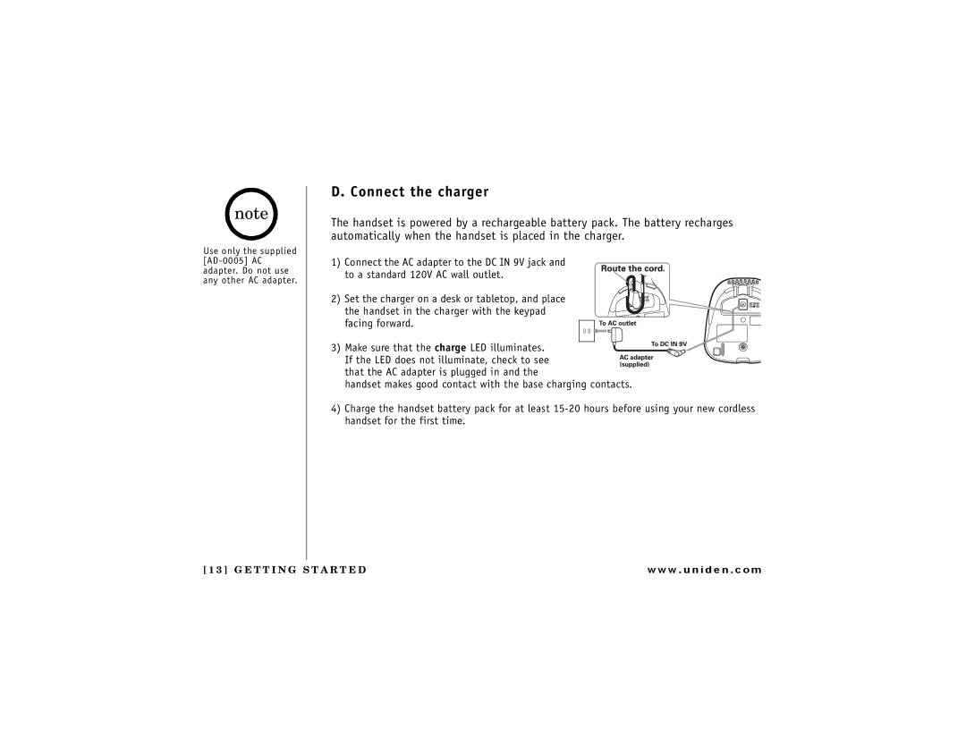 Uniden DCT7488 owner manual Connect the charger 