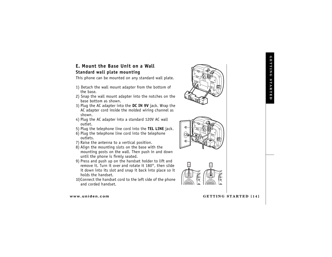 Uniden DCT7488 owner manual Mount the Base Unit on a Wall, Standard wall plate mounting 