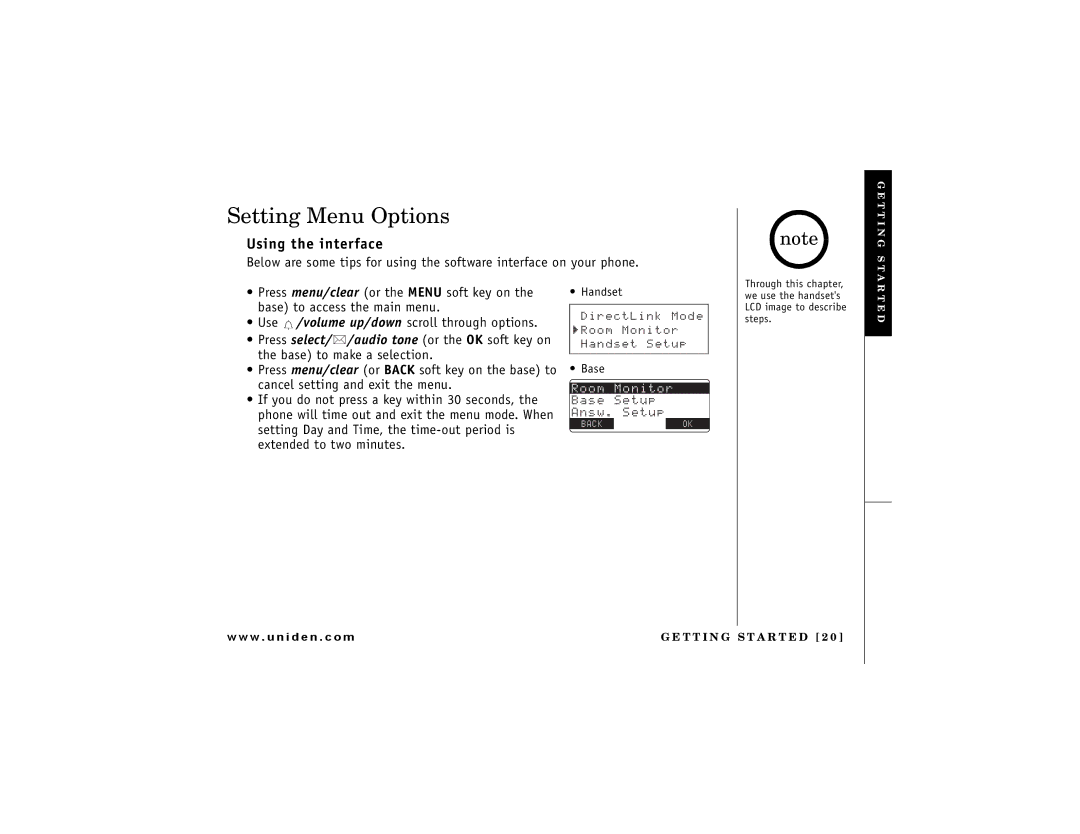 Uniden DCT7488 owner manual Setting Menu Options, Using the interface 