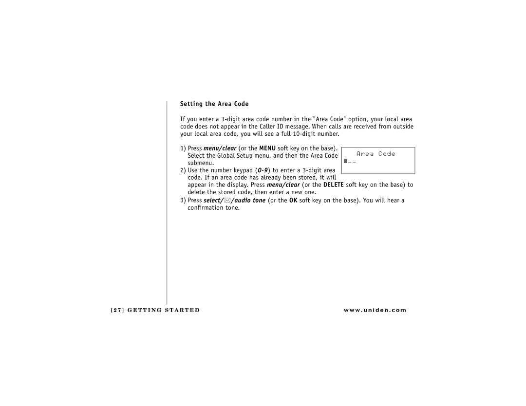 Uniden DCT7488 owner manual Setting the Area Code 