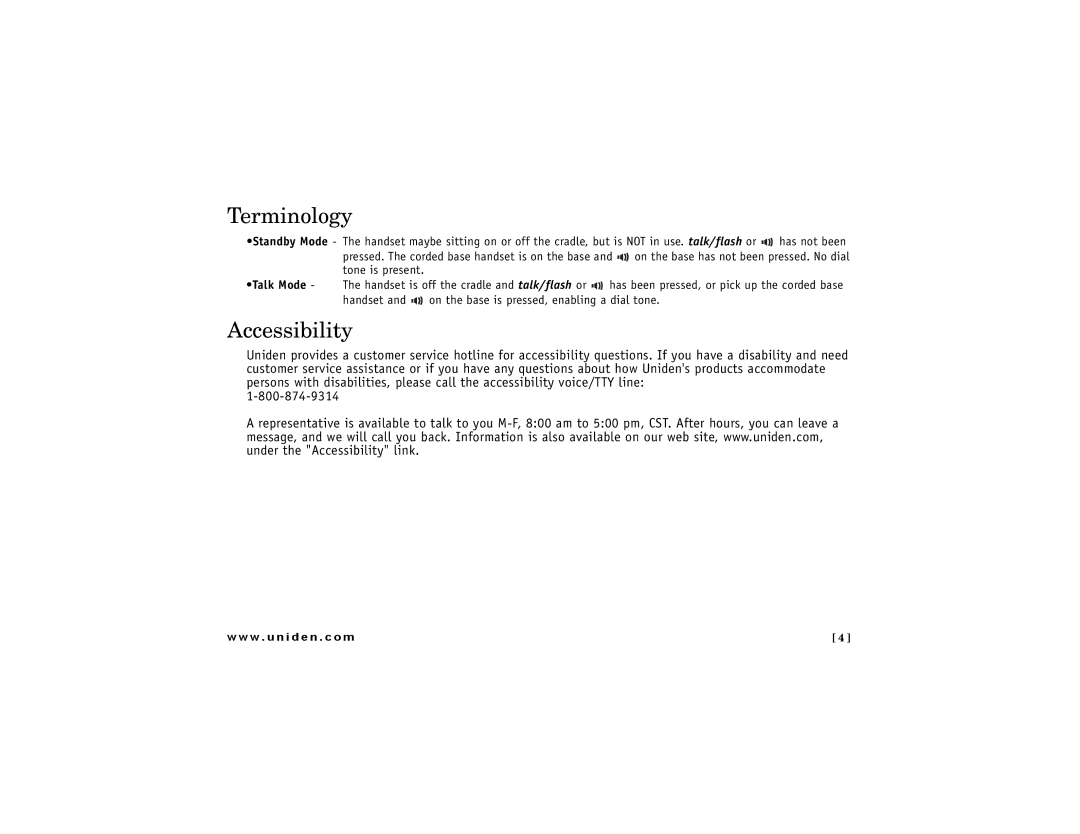 Uniden DCT7488 owner manual Terminology, Accessibility 