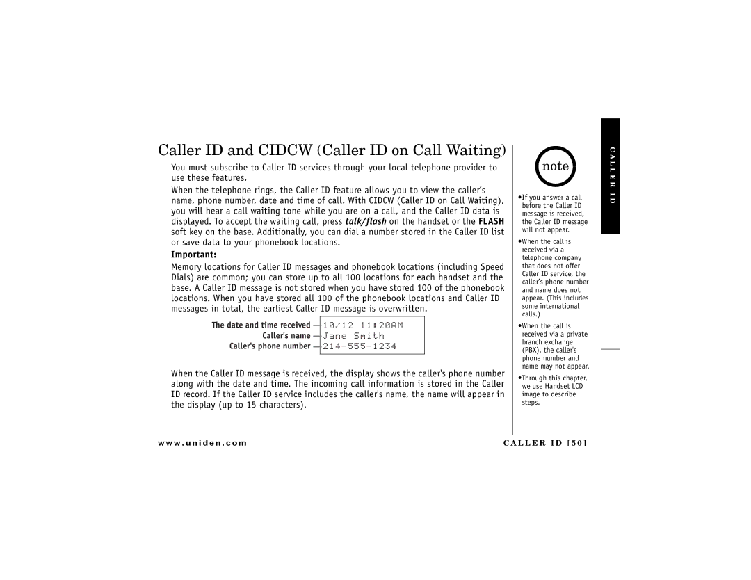 Uniden DCT7488 owner manual Caller ID and Cidcw Caller ID on Call Waiting, CPG5OKVJ 