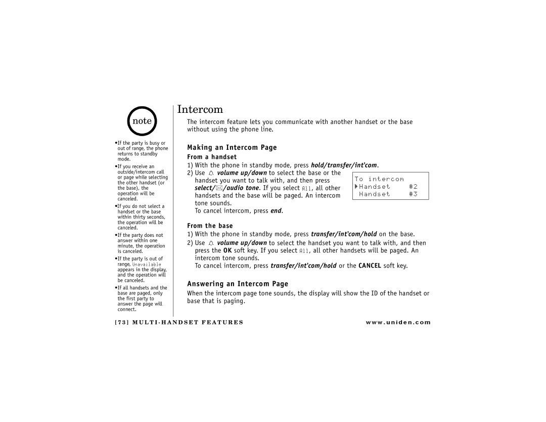 Uniden DCT7488 owner manual Making an Intercom, Answering an Intercom, From a handset 