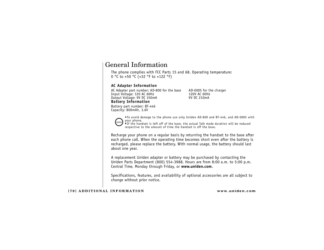 Uniden DCT7488 owner manual General Information, AC Adapter Information, Battery Information 