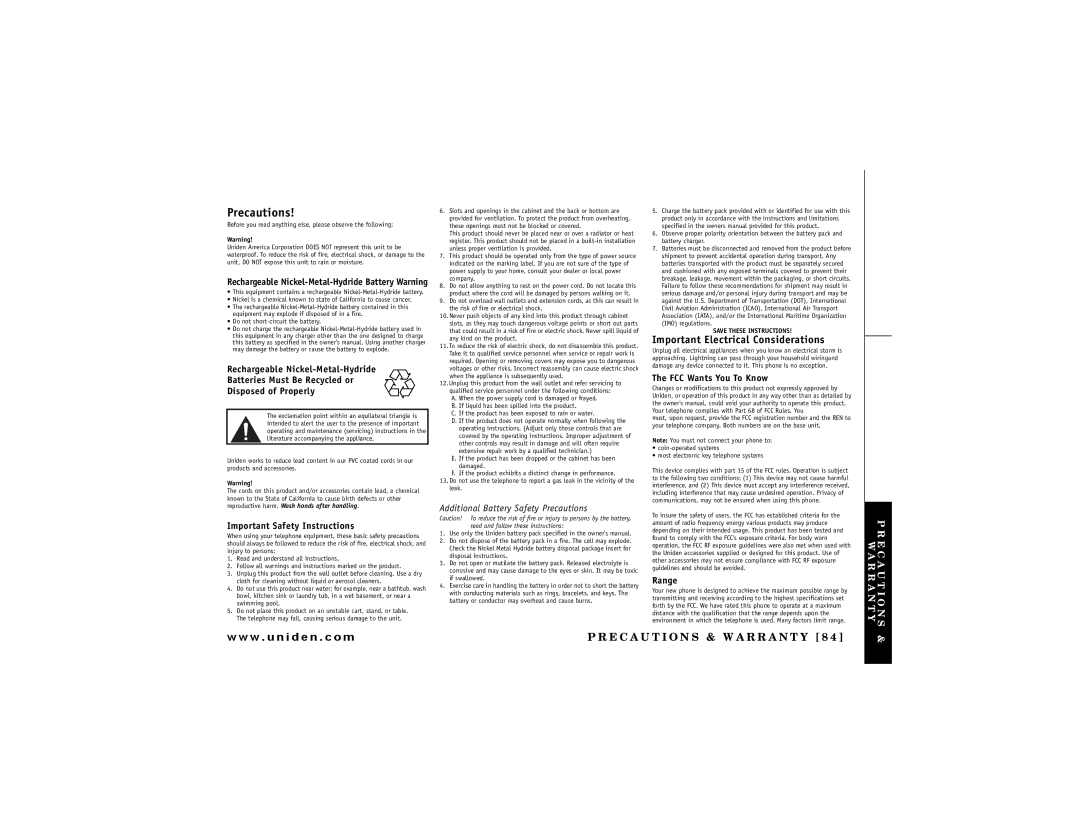 Uniden DCT7488 owner manual Precautions 