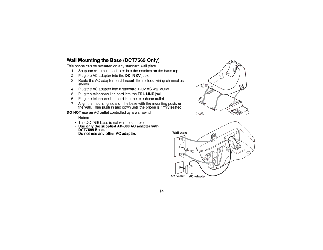 Uniden manual Wall Mounting the Base DCT7565 Only 