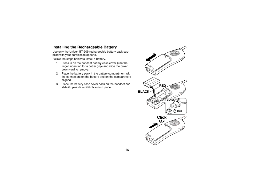 Uniden DCT7565 manual Installing the Rechargeable Battery 