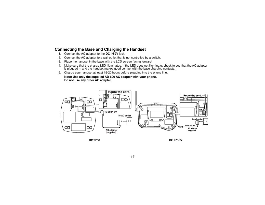 Uniden manual Connecting the Base and Charging the Handset, DCT756 DCT7565 