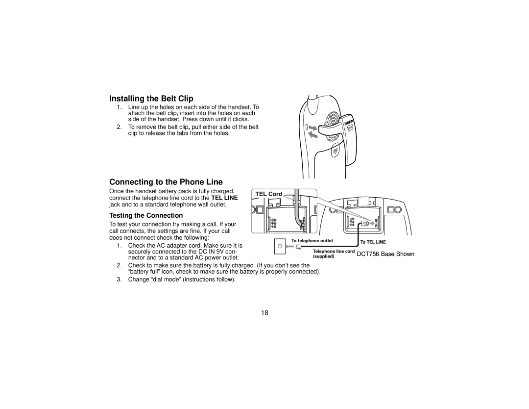 Uniden DCT7565 manual Installing the Belt Clip, Connecting to the Phone Line, Testing the Connection 