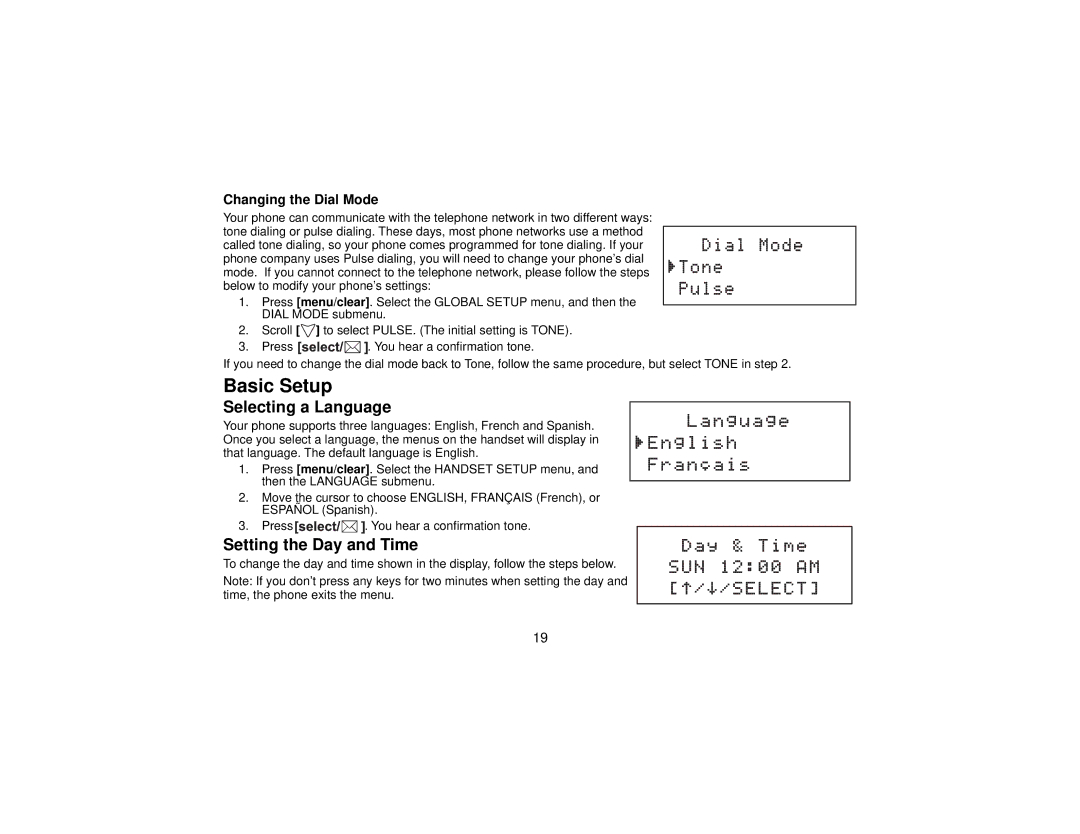 Uniden DCT7565 manual Basic Setup, Selecting a Language, Setting the Day and Time, Changing the Dial Mode 