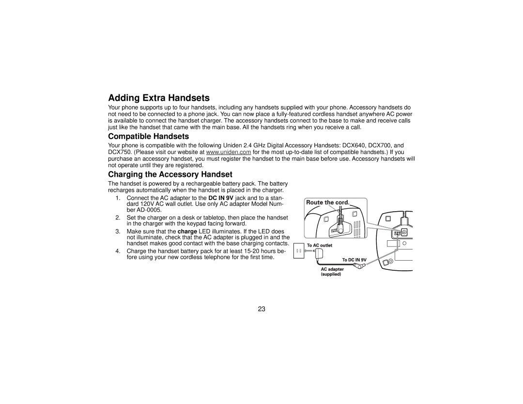 Uniden DCT7565 manual Adding Extra Handsets, Compatible Handsets Charging the Accessory Handset 